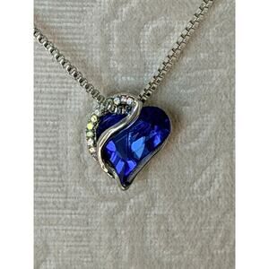 Crystal Hear Necklace with Sparkly Blue Pandant and Silver Box Chain 18 inches